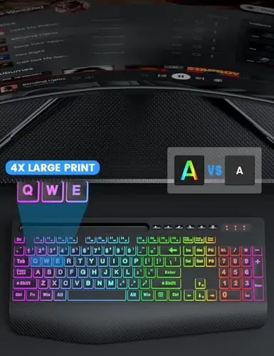 SABLUTE Wireless Keyboard and Mouse Combo, 9 Backlit Effects, Large Print, Wrist Rest, Phone Holder, 2.4G Lag-Free Ergonomic Keyboards, KM22 MAX Rechargeable Easy to See Set for Computer, Laptop, PC - 2