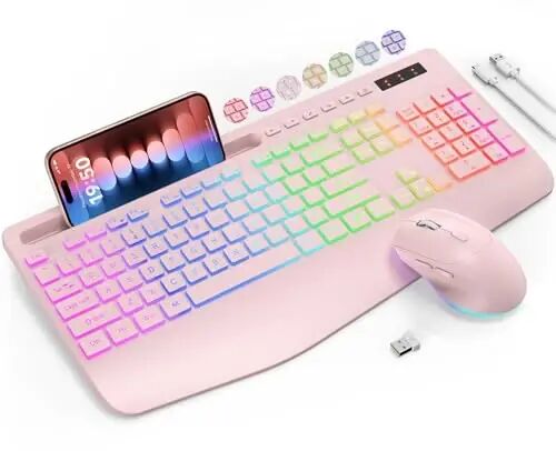 SABLUTE Wireless Keyboard and Mouse Combo, 9 Backlit Effects, RGB, 2.4GHz | Ergonomic Wrist Rest, Phone Holder, Rechargeable, Full Size, KM22 MAX Silent Set for Computer, Laptop, Mac, Windows (Pink) - SABLUTE