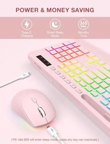 SABLUTE Wireless Keyboard and Mouse Combo, 9 Backlit Effects, RGB, 2.4GHz | Ergonomic Wrist Rest, Phone Holder, Rechargeable, Full Size, KM22 MAX Silent Set for Computer, Laptop, Mac, Windows (Pink) - 4