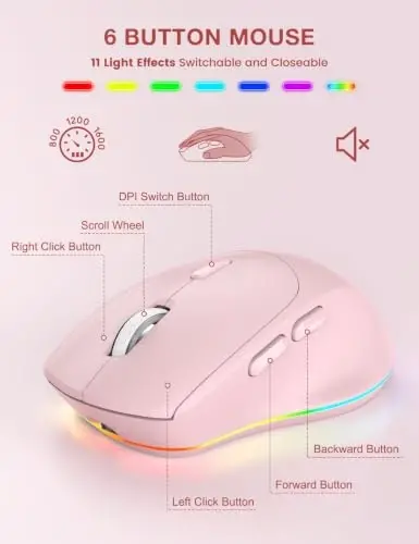 SABLUTE Wireless Keyboard and Mouse Combo, 9 Backlit Effects, RGB, 2.4GHz | Ergonomic Wrist Rest, Phone Holder, Rechargeable, Full Size, KM22 MAX Silent Set for Computer, Laptop, Mac, Windows (Pink) - 5