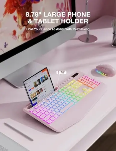 SABLUTE Wireless Keyboard and Mouse Combo, 9 Backlit Effects, RGB, 2.4GHz | Ergonomic Wrist Rest, Phone Holder, Rechargeable, Full Size, KM22 MAX Silent Set for Computer, Laptop, Mac, Windows (Pink) - 6