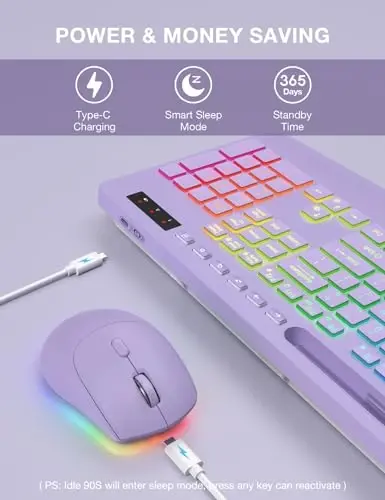 SABLUTE Wireless Keyboard and Mouse Combo, 9 Backlit Effects, RGB, 2.4GHz | Ergonomic Wrist Rest, Phone Holder, Rechargeable, Full Size, KM22 MAX Silent Set for Computer, Laptop, Mac, Windows (Purple) - 4