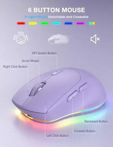 SABLUTE Wireless Keyboard and Mouse Combo, 9 Backlit Effects, RGB, 2.4GHz | Ergonomic Wrist Rest, Phone Holder, Rechargeable, Full Size, KM22 MAX Silent Set for Computer, Laptop, Mac, Windows (Purple) - 5