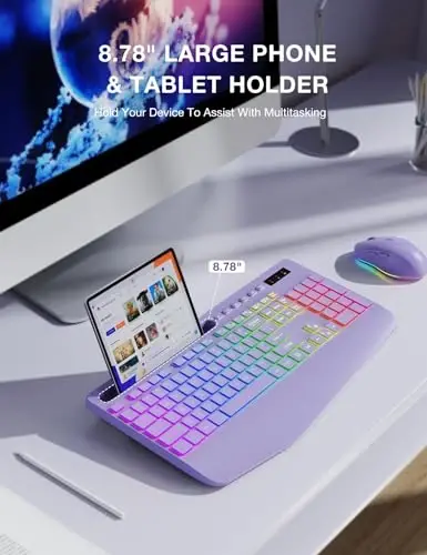 SABLUTE Wireless Keyboard and Mouse Combo, 9 Backlit Effects, RGB, 2.4GHz | Ergonomic Wrist Rest, Phone Holder, Rechargeable, Full Size, KM22 MAX Silent Set for Computer, Laptop, Mac, Windows (Purple) - 6