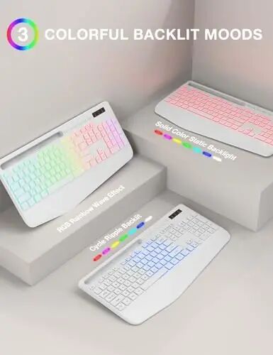 SABLUTE Wireless Keyboard and Mouse Combo - 9 Backlit Effects, RGB, 2.4Ghz | Ergonomic Wrist Rest, Phone Holder, Rechargeable, Full Size, KM22 MAX Silent Set for Computer, Laptop, Mac, Windows (White) - SABLUTE (1)