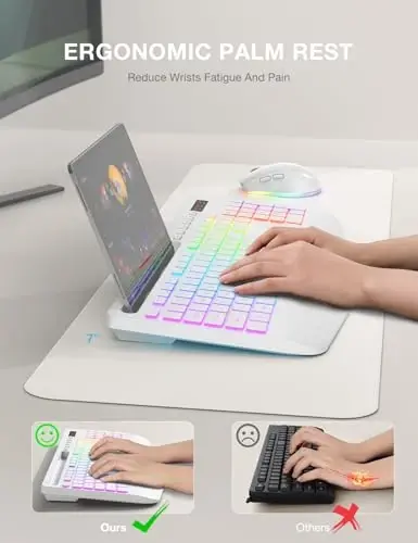 SABLUTE Wireless Keyboard and Mouse Combo - 9 Backlit Effects, RGB, 2.4Ghz | Ergonomic Wrist Rest, Phone Holder, Rechargeable, Full Size, KM22 MAX Silent Set for Computer, Laptop, Mac, Windows (White) - 3