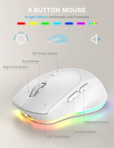 SABLUTE Wireless Keyboard and Mouse Combo - 9 Backlit Effects, RGB, 2.4Ghz | Ergonomic Wrist Rest, Phone Holder, Rechargeable, Full Size, KM22 MAX Silent Set for Computer, Laptop, Mac, Windows (White) - 5