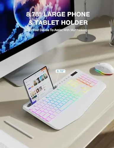 SABLUTE Wireless Keyboard and Mouse Combo - 9 Backlit Effects, RGB, 2.4Ghz | Ergonomic Wrist Rest, Phone Holder, Rechargeable, Full Size, KM22 MAX Silent Set for Computer, Laptop, Mac, Windows (White) - 6