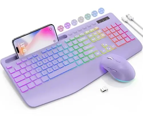 SABLUTE Wireless Keyboard and Mouse Combo, 9 Backlit Effects, Wrist Rest, Phone Holder, 2.4G Lag-Free Ergonomic Keyboards, KM22 MAX Rechargeable Silent Set for Computer, Laptop, Mac, Windows（Purple） - SABLUTE