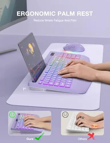 SABLUTE Wireless Keyboard and Mouse Combo, 9 Backlit Effects, Wrist Rest, Phone Holder, 2.4G Lag-Free Ergonomic Keyboards, Rechargeable Silent Cordless Set for Computer, Laptop, Mac, Windows (Purple) - 3