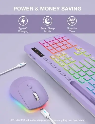 SABLUTE Wireless Keyboard and Mouse Combo, 9 Backlit Effects, Wrist Rest, Phone Holder, 2.4G Lag-Free Ergonomic Keyboards, Rechargeable Silent Cordless Set for Computer, Laptop, Mac, Windows (Purple) - 6