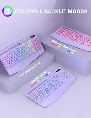 SABLUTE Wireless Keyboard and Mouse Combo, 9 Backlit Effects, Wrist Rest, Phone Holder, 2.4G Lag-Free Ergonomic Keyboards, KM22 MAX Rechargeable Silent Set for Computer, Laptop, Mac, Windows（Purple） - 2