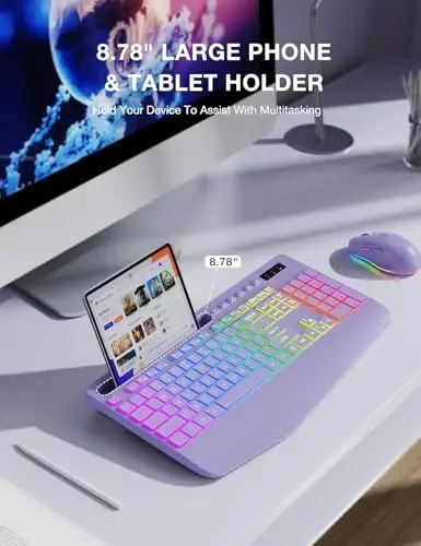 SABLUTE Wireless Keyboard and Mouse Combo, 9 Backlit Effects, Wrist Rest, Phone Holder, 2.4G Lag-Free Ergonomic Keyboards, KM22 MAX Rechargeable Silent Set for Computer, Laptop, Mac, Windows（Purple） - 4