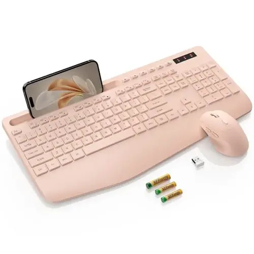 SABLUTE Wireless Keyboard and Mouse, Wrist Rest, Phone Holder, Batteries Included, 2.4G Lag-Free Ergonomic Keyboards Mouse Combo, Silent Cordless Set for Computer, Laptop, Mac, Windows (No Backlit) - 1