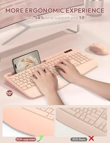 SABLUTE Wireless Keyboard and Mouse, Wrist Rest, Phone Holder, Batteries Included, 2.4G Lag-Free Ergonomic Keyboards Mouse Combo, Silent Cordless Set for Computer, Laptop, Mac, Windows (No Backlit) - 2