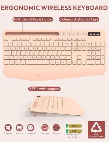 SABLUTE Wireless Keyboard and Mouse, Wrist Rest, Phone Holder, Batteries Included, 2.4G Lag-Free Ergonomic Keyboards Mouse Combo, Silent Cordless Set for Computer, Laptop, Mac, Windows (No Backlit) - 6
