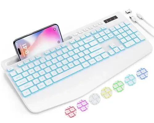 SABLUTE Wireless Keyboard with 7 Colored Backlit, Wrist Rest, 2.4G Lag-Free | Phone Holder, Ergonomic Keyboards, Rechargeable Silent Cordless, for Computer, Laptop, Mac, Windows, Office, School, White - 1