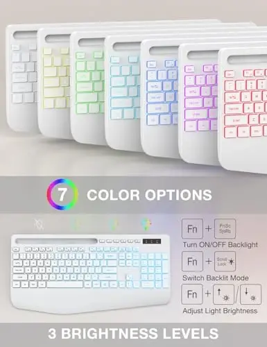 SABLUTE Wireless Keyboard with 7 Colored Backlit, Wrist Rest, 2.4G Lag-Free | Phone Holder, Ergonomic Keyboards, Rechargeable Silent Cordless, for Computer, Laptop, Mac, Windows, Office, School, White - SABLUTE (1)