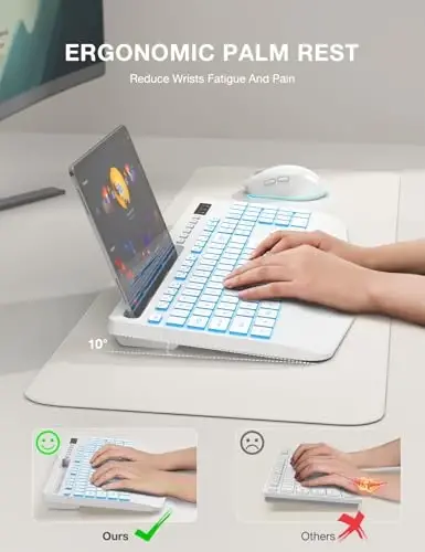 SABLUTE Wireless Keyboard with 7 Colored Backlit, Wrist Rest, 2.4G Lag-Free | Phone Holder, Ergonomic Keyboards, Rechargeable Silent Cordless, for Computer, Laptop, Mac, Windows, Office, School, White - 3