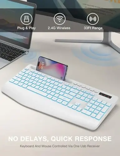SABLUTE Wireless Keyboard with 7 Colored Backlit, Wrist Rest, 2.4G Lag-Free | Phone Holder, Ergonomic Keyboards, Rechargeable Silent Cordless, for Computer, Laptop, Mac, Windows, Office, School, White - 4
