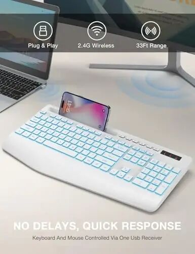 SABLUTE Wireless Keyboard with 7 Colored Backlit, Wrist Rest, 2.4G Lag-Free | Phone Holder, Ergonomic Keyboards, Rechargeable Silent Cordless, for Computer, Laptop, Mac, Windows, Office, School, White - 4