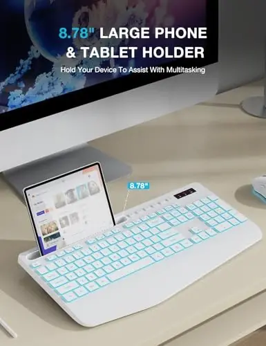 SABLUTE Wireless Keyboard with 7 Colored Backlit, Wrist Rest, 2.4G Lag-Free | Phone Holder, Ergonomic Keyboards, Rechargeable Silent Cordless, for Computer, Laptop, Mac, Windows, Office, School, White - 6