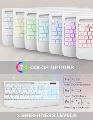 SABLUTE Wireless Keyboard with 7 Colored Backlit, Wrist Rest, 2.4G Lag-Free | Phone Holder, Ergonomic Keyboards, Rechargeable Silent Cordless, for Computer, Laptop, Mac, Windows, Office, School, White - SABLUTE (1)