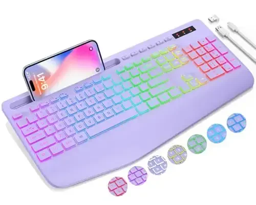 SABLUTE Wireless Keyboard with 9 Backlit Effects, Wrist Rest, Phone Holder, 2.4G Lag-Free Ergonomic Keyboards, Rechargeable Silent Cordless, for Computer, Laptop, Mac, Windows, Office, School -Purple 