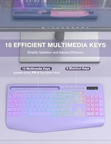 SABLUTE Wireless Keyboard with 9 Backlit Effects, Wrist Rest, Phone Holder, 2.4G Lag-Free Ergonomic Keyboards, Rechargeable Silent Cordless, for Computer, Laptop, Mac, Windows, Office, School -Purple - 7