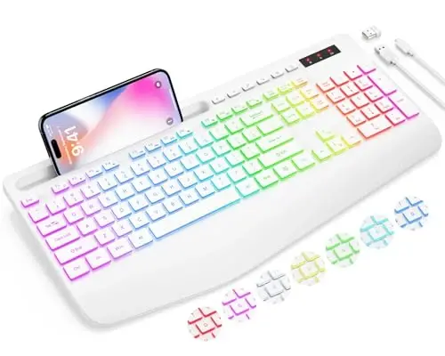 SABLUTE Wireless Keyboard with 9 Backlit Effects, Wrist Rest, Phone Holder, 2.4G Lag-Free Ergonomic Keyboards, Rechargeable Silent Cordless, for Computer, Laptop, Mac, Windows, Office, School, White - 1