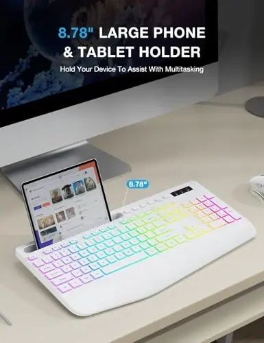 SABLUTE Wireless Keyboard with 9 Backlit Effects, Wrist Rest, Phone Holder, 2.4G Lag-Free Ergonomic Keyboards, Rechargeable Silent Cordless, for Computer, Laptop, Mac, Windows, Office, School, White - 4