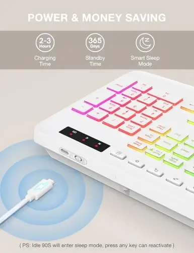 SABLUTE Wireless Keyboard with 9 Backlit Effects, Wrist Rest, Phone Holder, 2.4G Lag-Free Ergonomic Keyboards, Rechargeable Silent Cordless, for Computer, Laptop, Mac, Windows, Office, School, White - 5