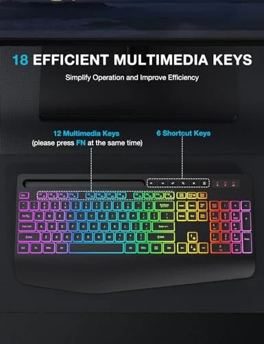 SABLUTE Wireless Keyboard with 9 Backlit Effects, Wrist Rest, Phone Holder, 2.4G Lag-Free Ergonomic Keyboards, Rechargeable Silent Cordless, for Computer, Laptop, Windows, Work, School (Keyboard Only) - SABLUTE