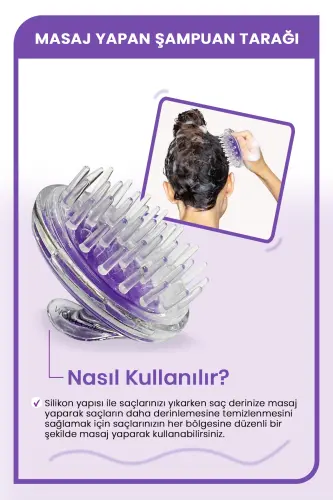 Saç Bakım Fırçası, Saç Derisine Masaj Yapan Şampuan Tarağı, Duş Fırçası 2 Adet - Mor 2 - 3