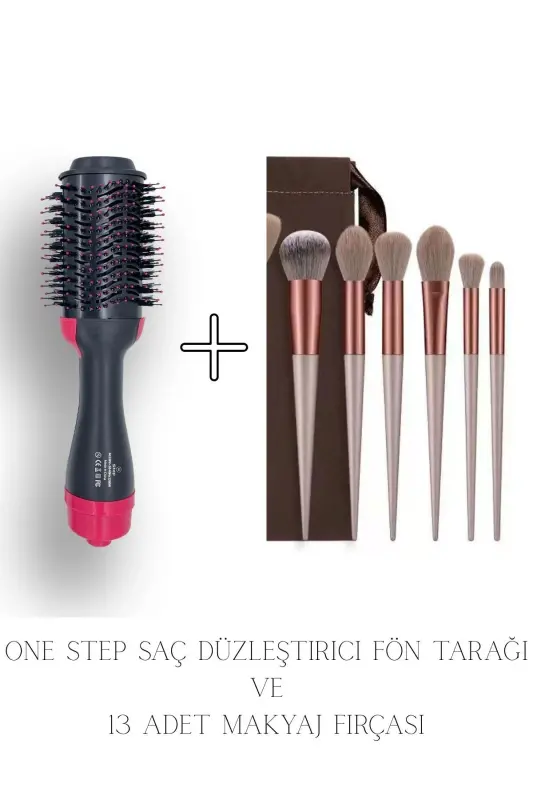 Saç Düzleştirici Fön Tarağı ve 13 Adet Makyaj Fırça Seti-One Step + Makyaj Fırça Seti - ONE STEP