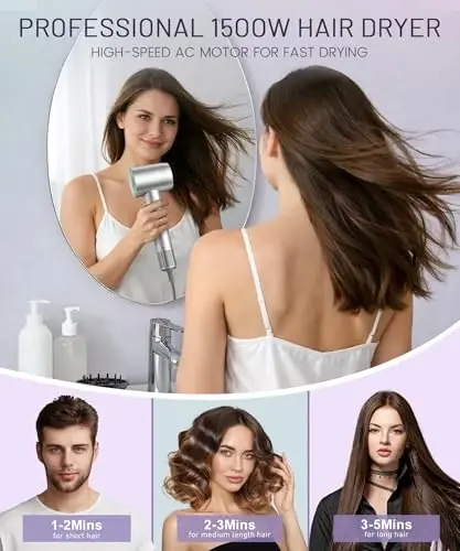 Hair Dryer - 150000 RPM High-Speed Brushless Motor Negative Ionic Blow Dryer for Fast Drying, Low Noise Thermo-Control Hair Dryer with Diffuser and Nozzle, Silvery - 2