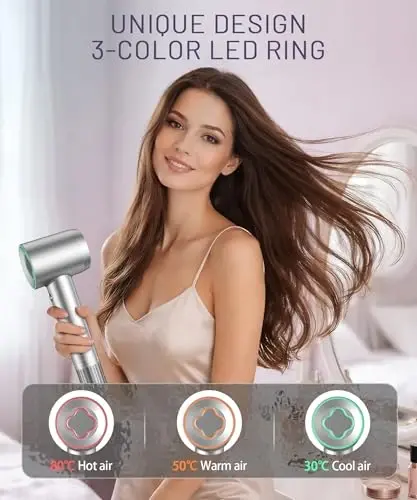 Hair Dryer - 150000 RPM High-Speed Brushless Motor Negative Ionic Blow Dryer for Fast Drying, Low Noise Thermo-Control Hair Dryer with Diffuser and Nozzle, Silvery 