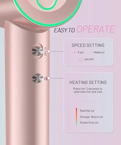 Hair Dryer - 150000 RPM High-Speed Brushless Motor Negative Ionic Blow Dryer for Fast Drying, Low Noise Thermo-Control Hair Dryer with Diffuser and Nozzle, Gleaming Pink - 3