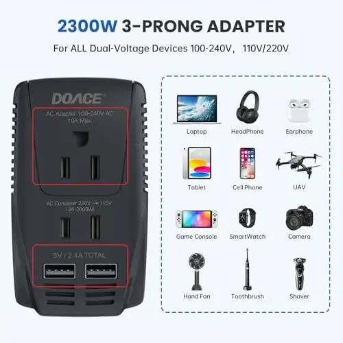 Upgraded 2000W 220V to 110V Converter for European Travel, Voltage Converter US to Europe for Hair Dryer Straightener Curling Iron, 2300W Adapter with EU/UK/AU/US Plugs for Laptop Camera Cell Phone - 1