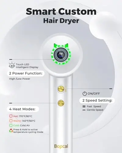 Hair Dryer - Bopcal Ionic Blow Dryer with Concentrator for All Hair Types,160000 RPM High-Speed Fast Drying Lightweight and Quiet, 200 Million Negative Ions Dryer with Thermo-Control (1500w) - 5