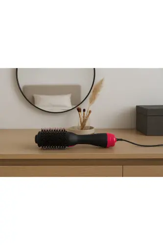 Tek Adımda Hızlı Fön Etkisi | Oval Fırça Saç Şekillendirici Düzleştirici Fön Tarağı 220 Derece-Siyah/Pembe - 1