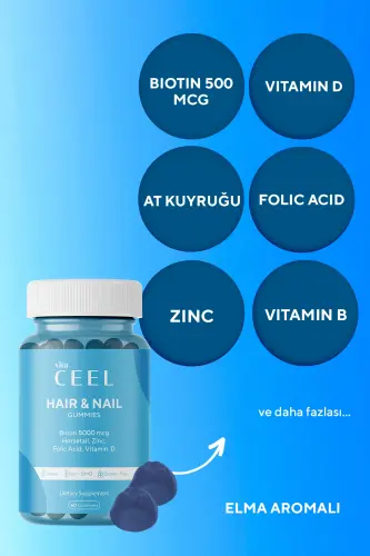 Saç ve Tırnak Vitamini Çiğnenebilir Vegan Gummy Vitamin D, Biotin, Çinko, Folik Asit, At Kuyruğu - VITA CEEL (1)