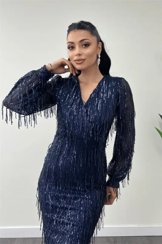 Saçakli Pul Payet Mato Qalam Ko'ylak - LOJUVERT - 4