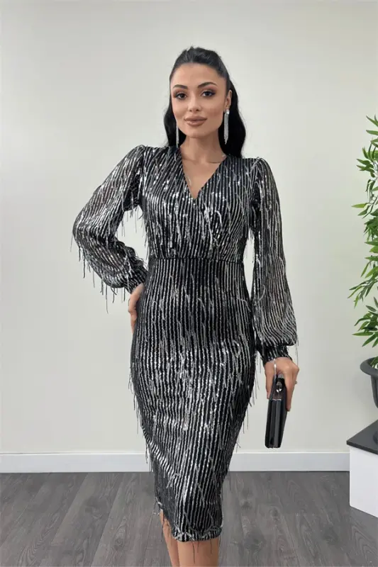 Saçoqli Pul Payet Mato Qalam Ko'ylak - KUMUSH - 3