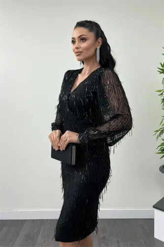 Saçoqli Pul Payet Mato Qalam Ko'ylak - QORA - 3