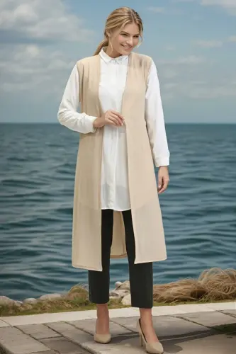 Sade Uzun Nefes Alır Dökümlü ince Yelek Büyük Beden Yelek Kadın Anne Yelek Mevsimlik Yelek-bej - RESPİRO (1)