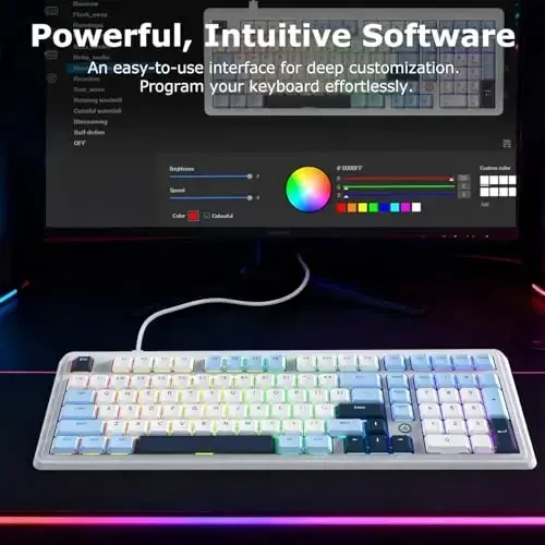 FIRSTBLOOD ONLY GAME. AK980 101-Key Hot-Swappable Mechanical Keyboard, Gasket Mount RGB Backlit, Programmable Macro, Full N-Key Rollover, with Dreamscape Linear Switches (Glacier Blue) - 7