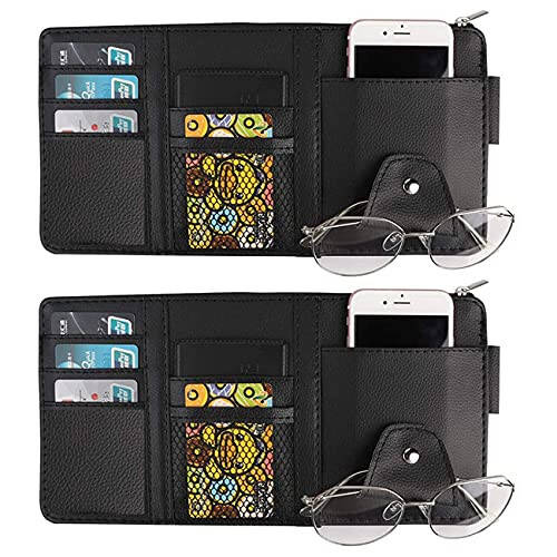 2 Packs Black Car Sun Visor Organizer, Sunglasses Holders for Car Sun Visor, PU Leather, Auto Interior Accessories Storage Travel Document Holder with Multi Pocket - 1