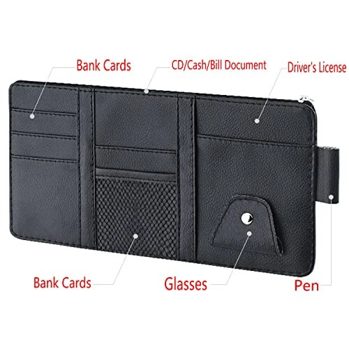 2 Packs Black Car Sun Visor Organizer, Sunglasses Holders for Car Sun Visor, PU Leather, Auto Interior Accessories Storage Travel Document Holder with Multi Pocket - 6