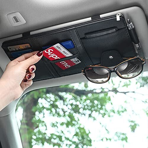 2 Packs Black Car Sun Visor Organizer, Sunglasses Holders for Car Sun Visor, PU Leather, Auto Interior Accessories Storage Travel Document Holder with Multi Pocket - 3